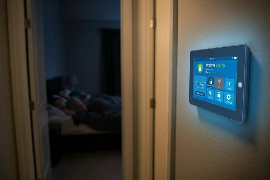 a couple sleeping in the background in their bedroom with a home security alarm touch panel on the wall in the foreground